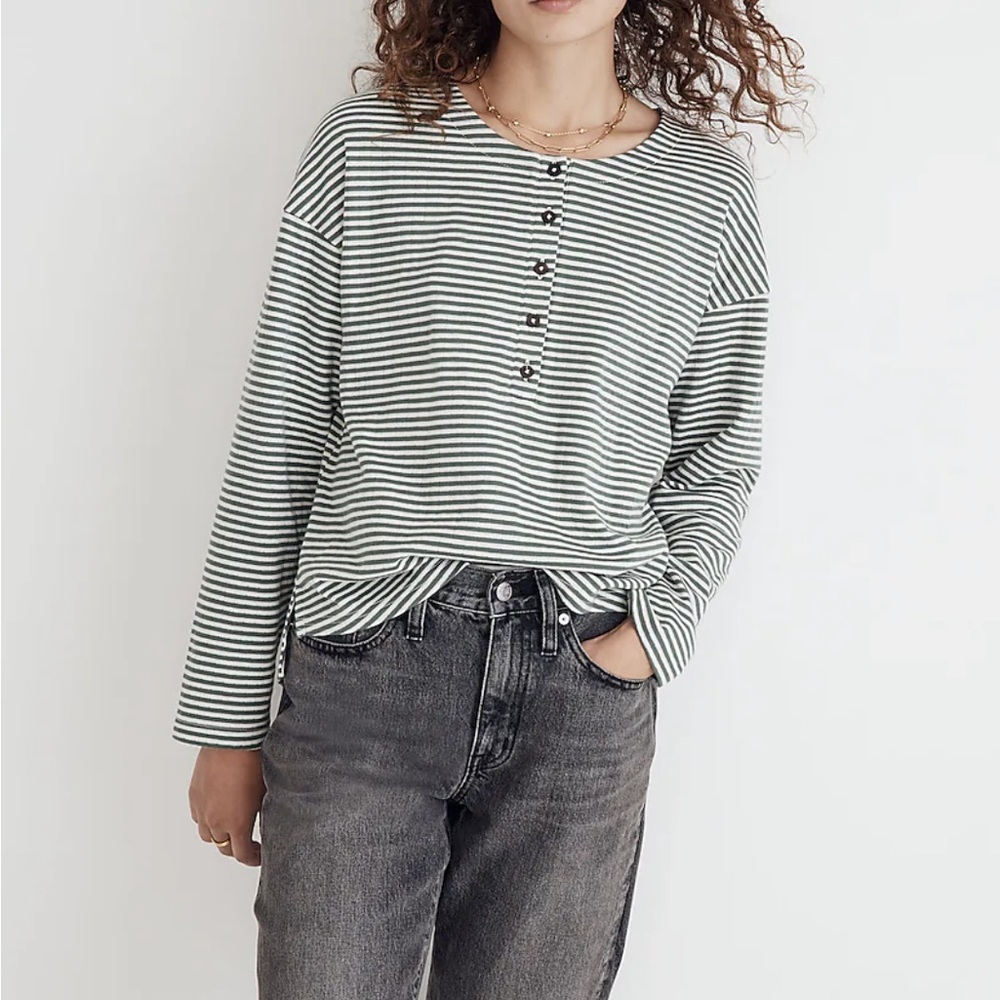 Madewell Green and White Striped Henley